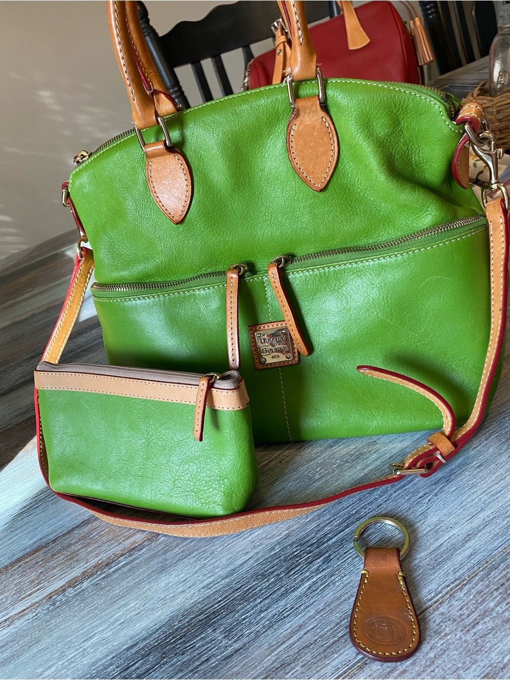 Dooney & Bourke Dillen Double Pocket Satchel green leather wallet key chain